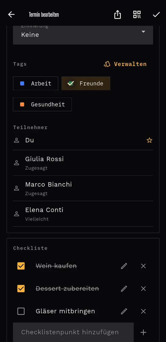 Ein Termin mit Markierungen, Teilnehmenden, die zugesagt haben, und einer teilweise erledigten Checkliste.
