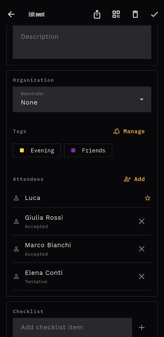 An event with tags, attendees who accepted and a partly completed checklist.