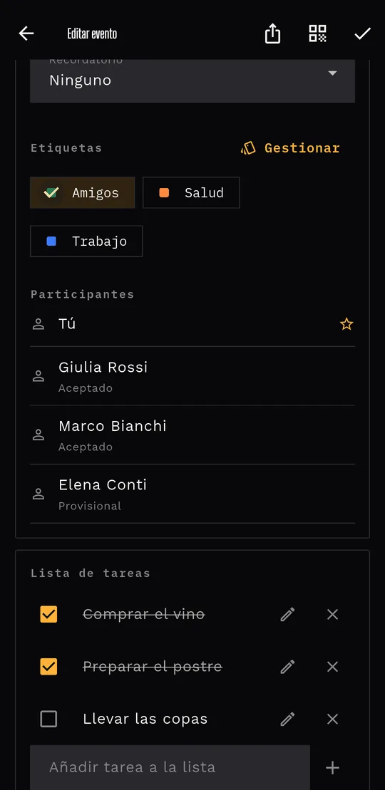 Un evento con etiquetas, asistentes que aceptaron y una lista a medio completar.