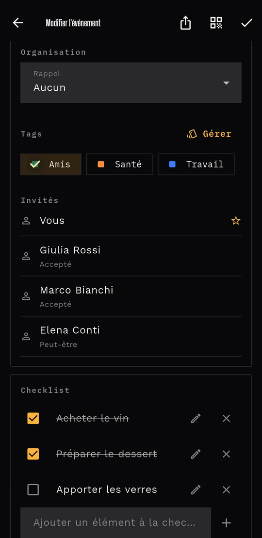 Un événement avec étiquettes, invités ayant accepté et une checklist en partie faite.