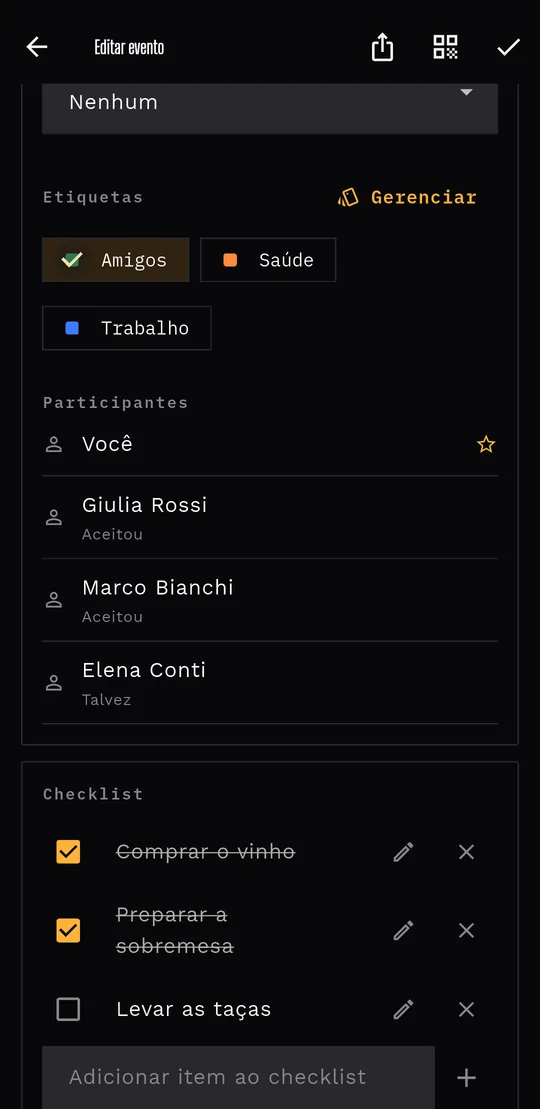 Um evento com etiquetas, convidados que confirmaram e uma checklist parcialmente concluída.