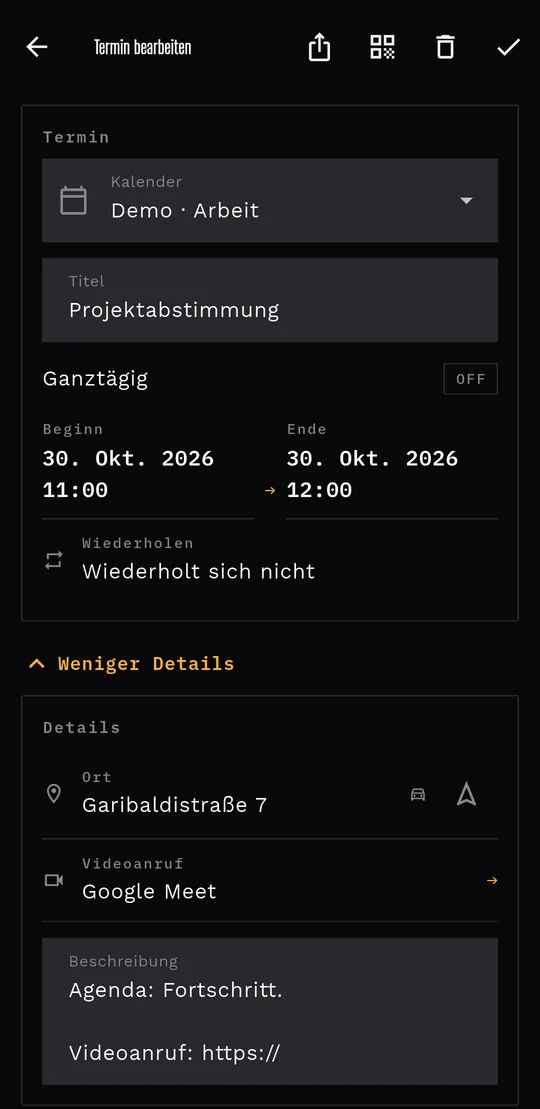 Details eines Termins mit Ort, Verkehrsmittel, Navigieren und Zoom-Videoanruf.