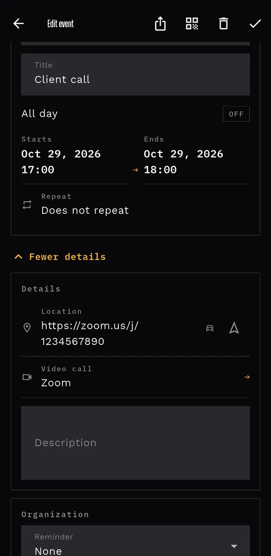 An event's details with place, travel mode, Navigate and a Zoom video call.