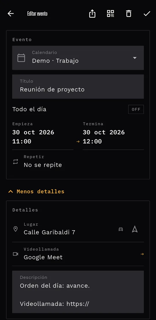 El detalle de un evento con lugar, medio de transporte, Navegar y videollamada de Zoom.