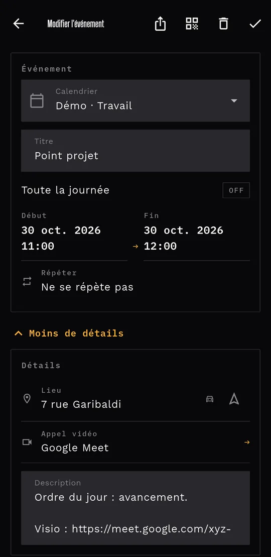 Le détail d'un événement avec lieu, mode de transport, Itinéraire et appel Zoom.