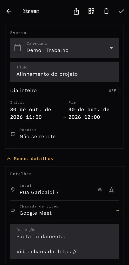 O detalhe de um evento com local, meio de transporte, Navegar e videochamada do Zoom.