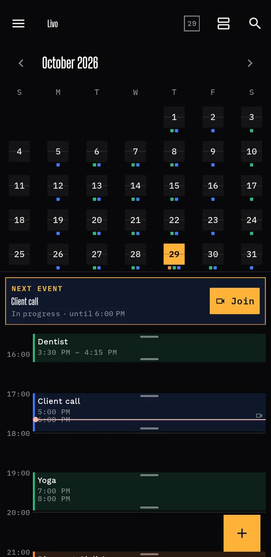 Livo's main screen: the month, the next event and the day in time blocks.
