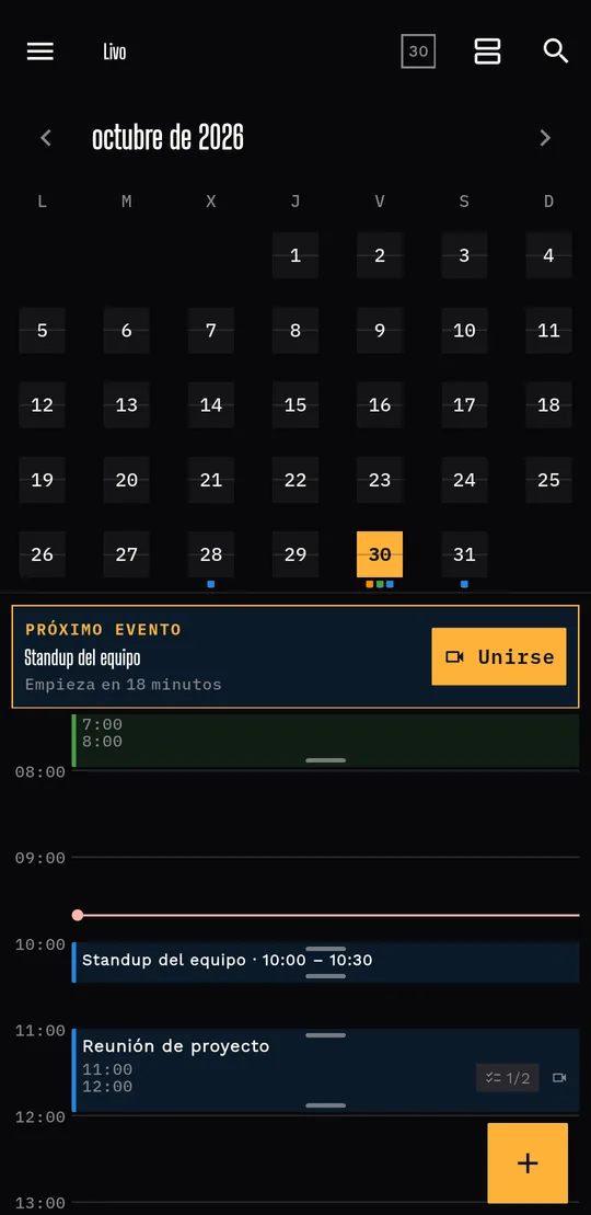 La pantalla principal de Livo: el mes, el próximo evento y el día en bloques.