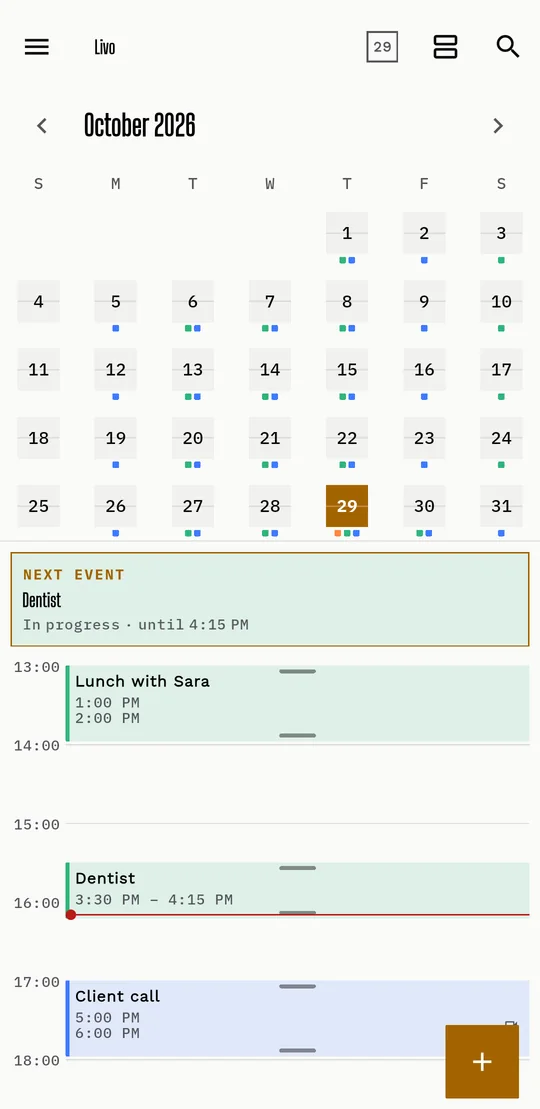 Livo in light theme: month, next event and the day.