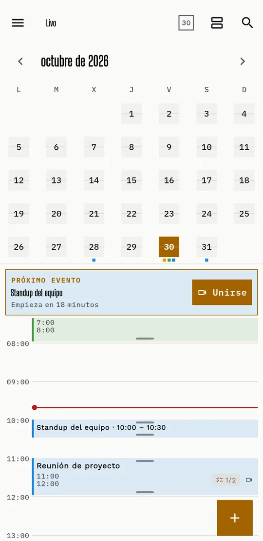 Livo en tema claro: mes, próximo evento y día.