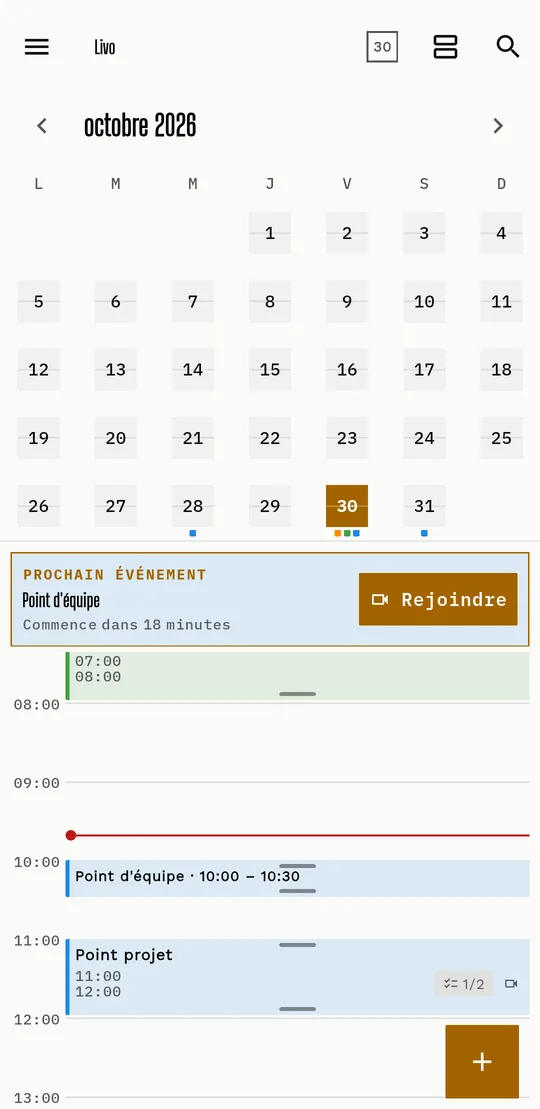 Livo en thème clair : mois, prochain événement et journée.