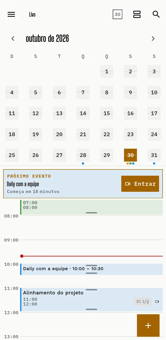 O Livo em tema claro: mês, próximo evento e dia.