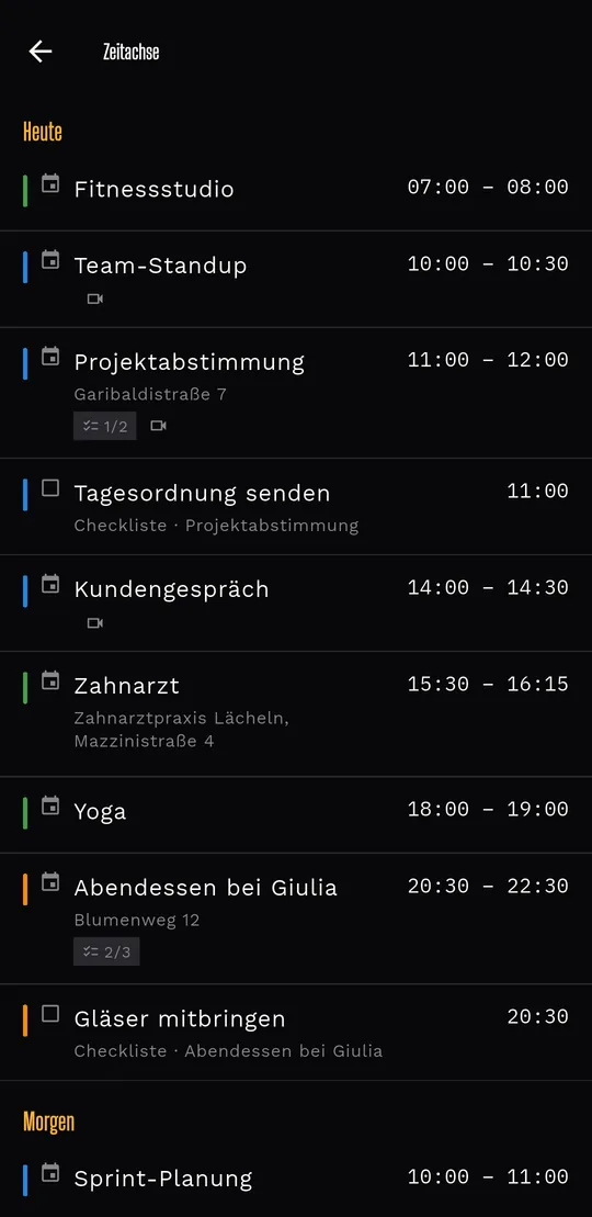 Livo im dunklen Design: die Termin-Timeline.