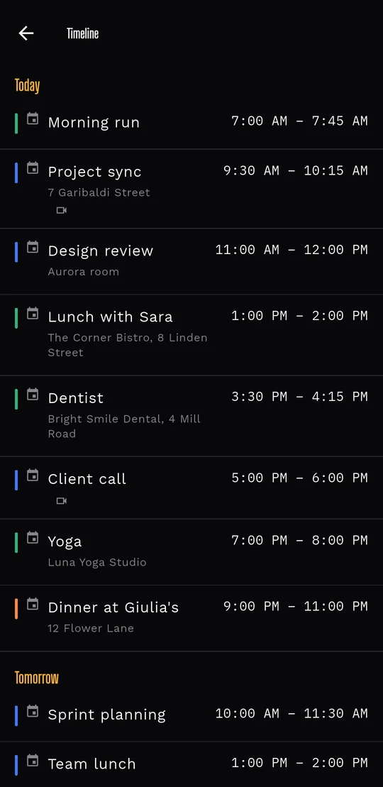 Livo in dark theme: the events Timeline.