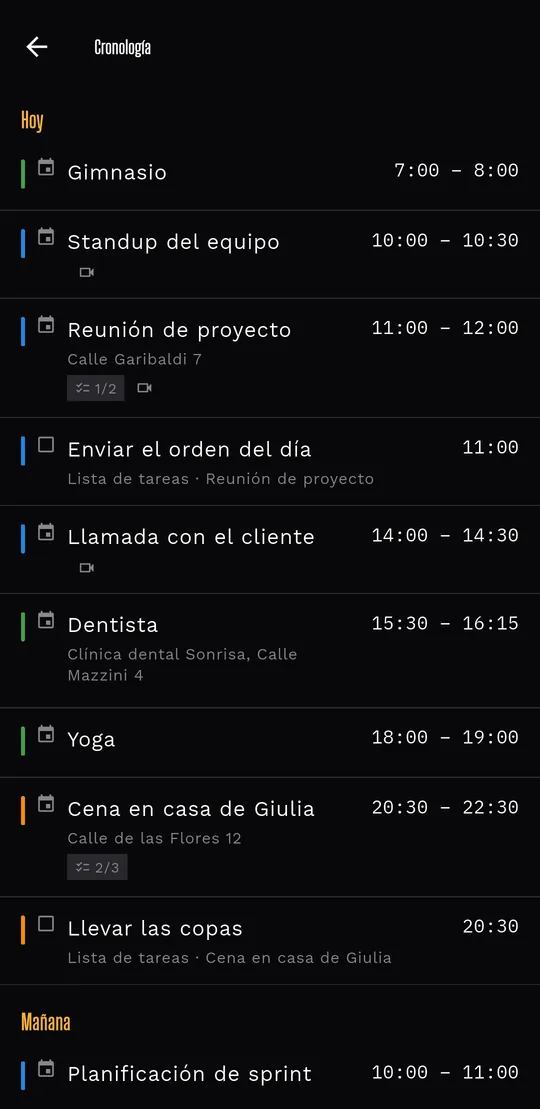 Livo en tema oscuro: la Timeline de eventos.
