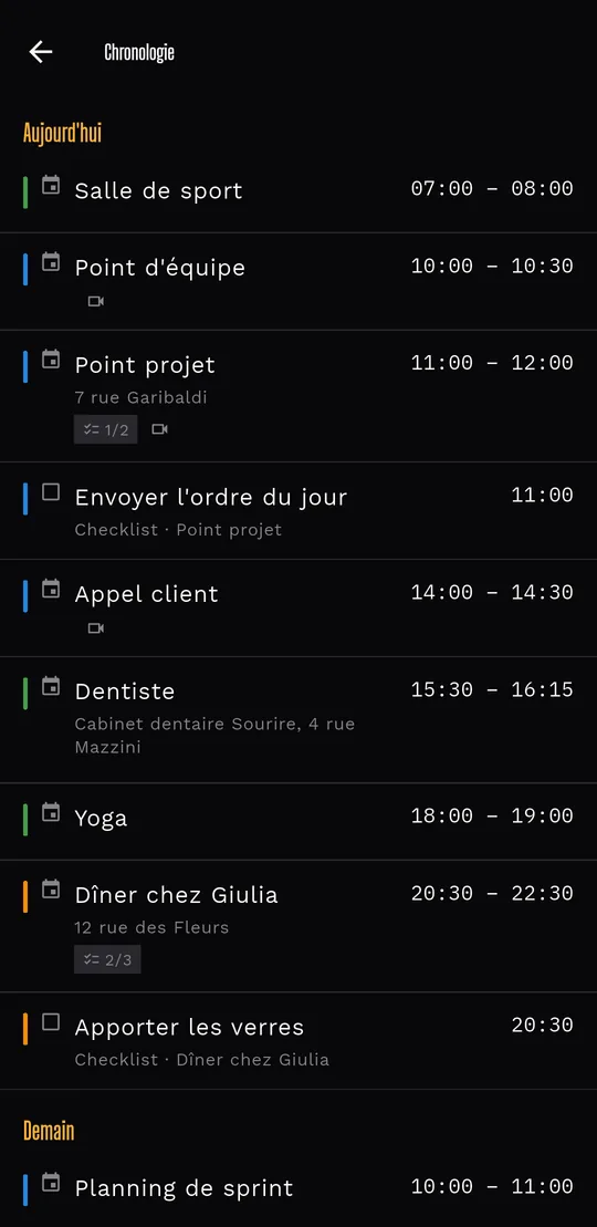 Livo en thème sombre : la Timeline des événements.
