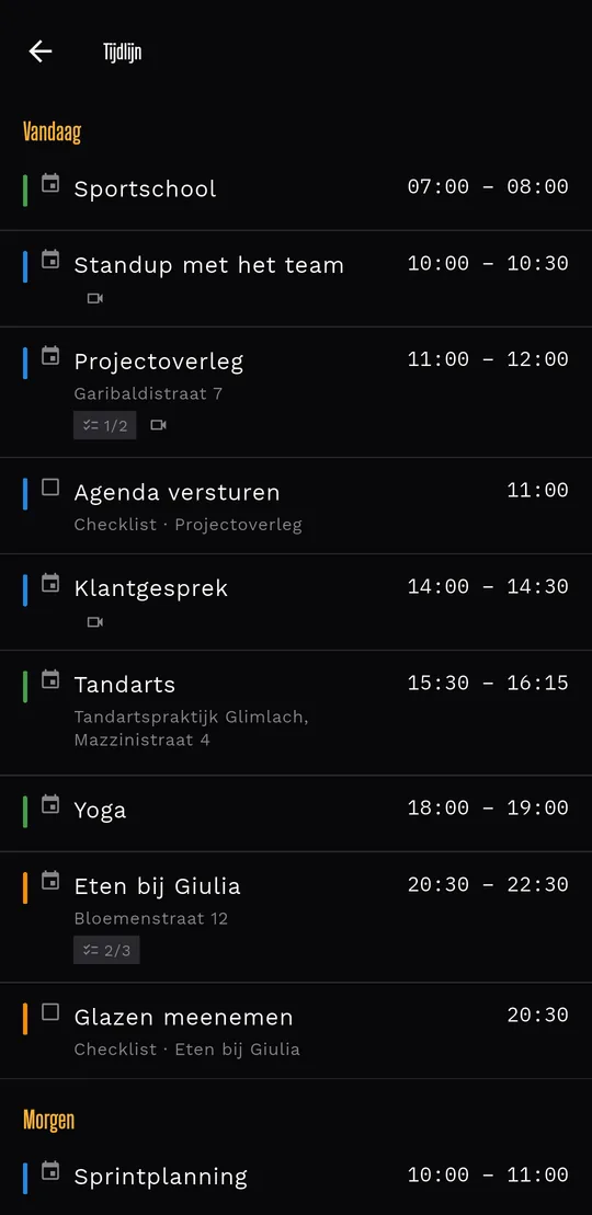 Livo in donker thema: de Timeline van afspraken.
