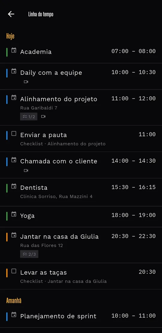 O Livo em tema escuro: a Timeline de eventos.