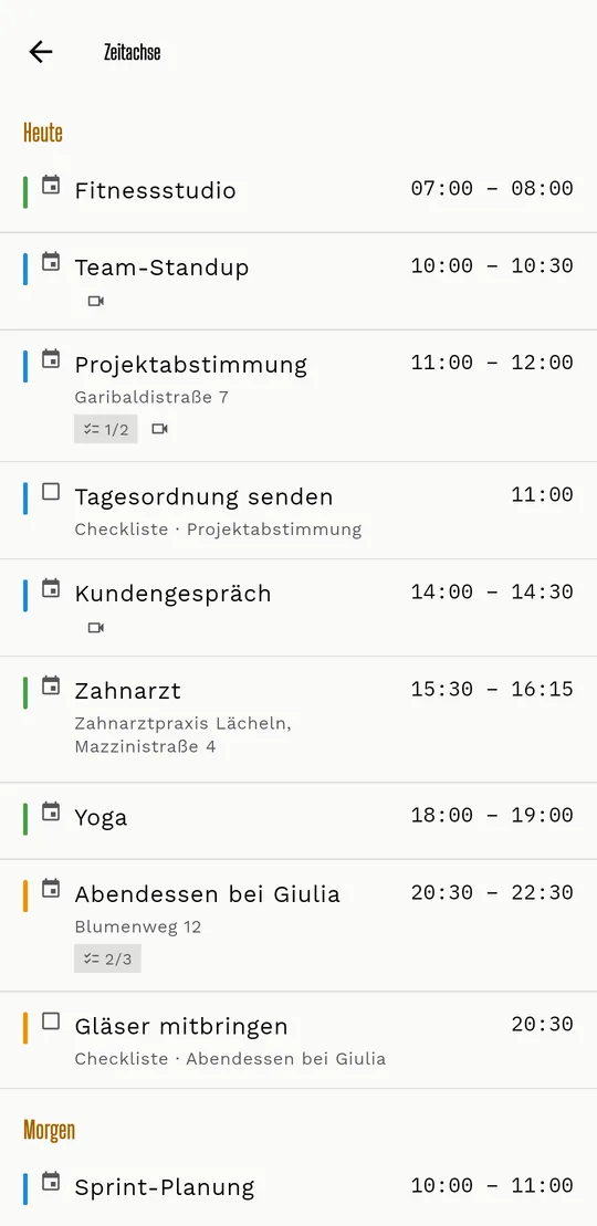 Livos Timeline mit den Terminen des Tages, den Orten und dem Videoanruf-Symbol.