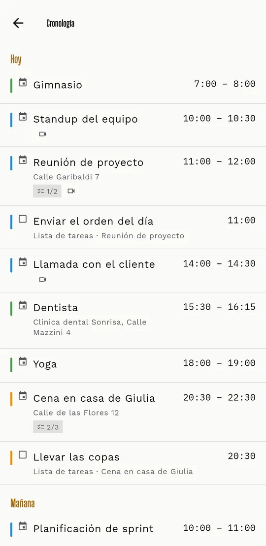 La Timeline de Livo con los eventos del día, los lugares y el icono de videollamada.