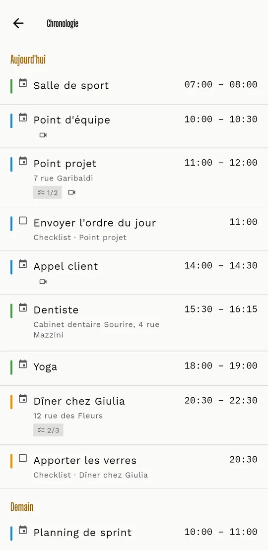 La Timeline de Livo avec les événements de la journée, les lieux et l'icône de visioconférence.