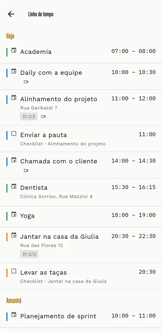 A Timeline do Livo com os eventos do dia, os locais e o ícone de videochamada.