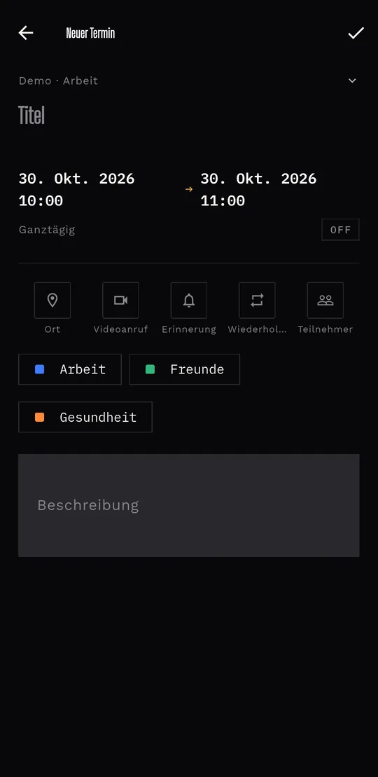 Minimal: Titel und Zeit vorn, der Rest hinter kompakten Symbolen.