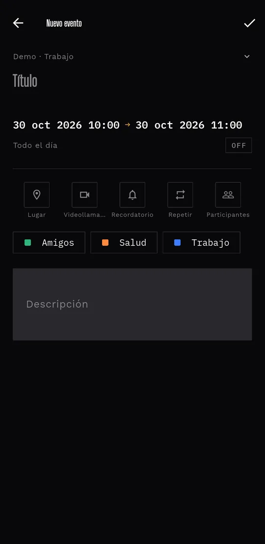 Minimal: Título y hora en primer plano, el resto tras iconos compactos.
