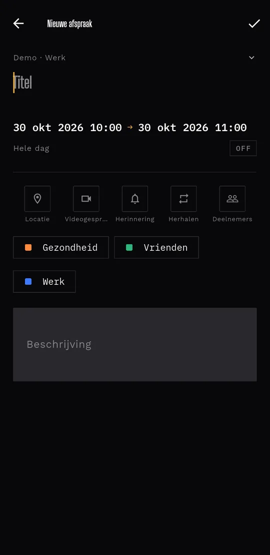 Minimal: Titel en tijd vooraan, de rest achter compacte pictogrammen.