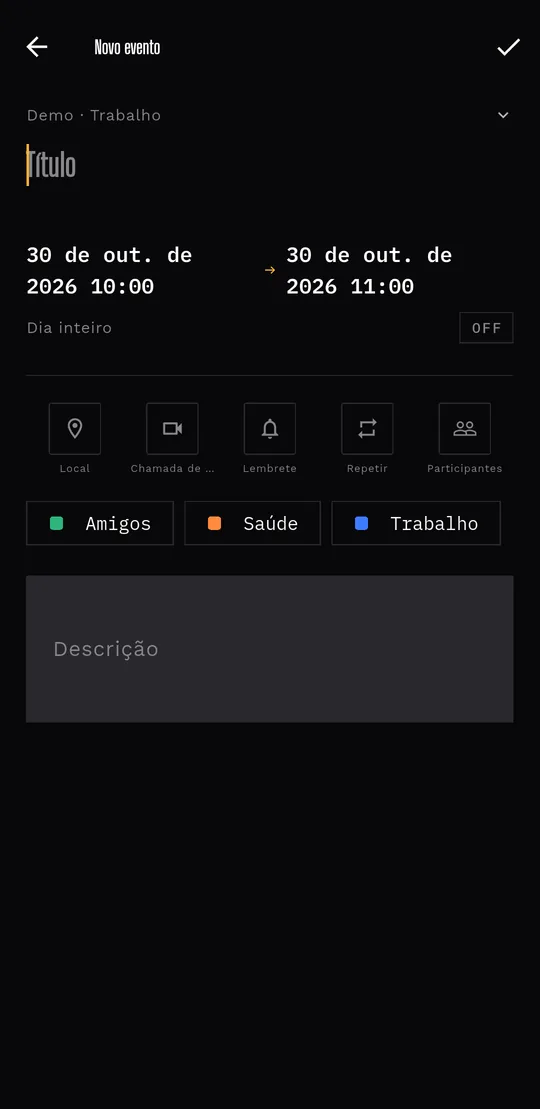 Minimal: Título e horário em destaque, o resto atrás de ícones compactos.