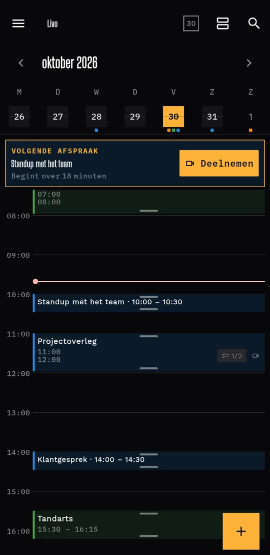 Maand of week: Bovenaan toont de agenda een hele maand of één week.
