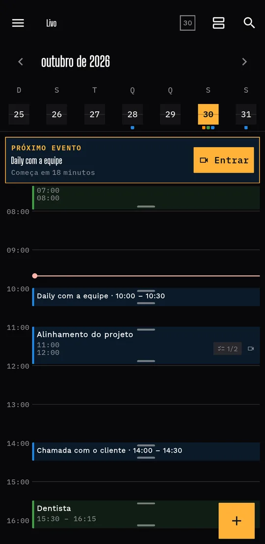Mês ou semana: No alto, o calendário mostra um mês inteiro ou só uma semana.